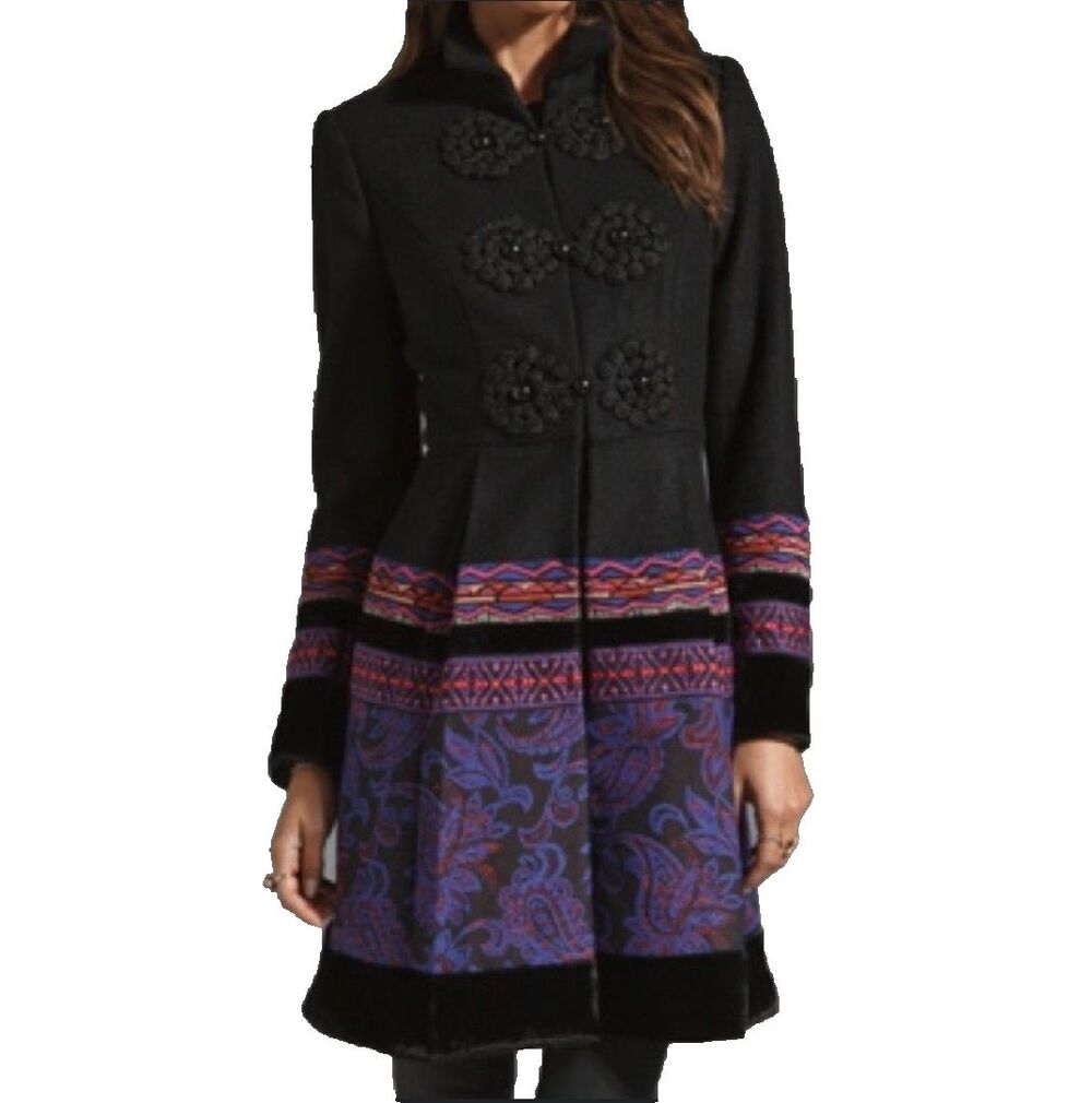 Anthropologie Plenty By Tracy Reese Pea Coat Size 0 Wool Blend Embroidered
